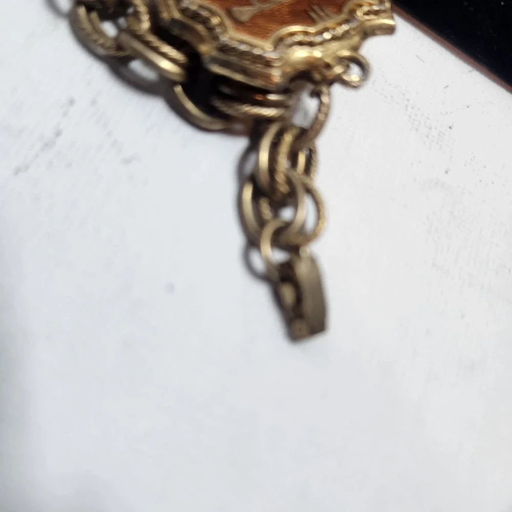 Vintage Gold Tone Heraldic Shield Crown‎ Charm Bracelet Orange Enamel